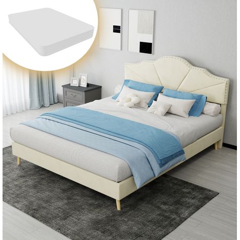Cama tapizada moderna beige 140x200 cm con cabecero geométrico, somier de láminas y colchón incluido