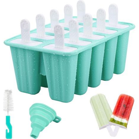 Moule Glace Silicone, 10 Cavités Moules pour Glaces, Moule à Glace en Silicone Sans BPA, Moule Glacon avec Brosses et Entonnoirs Pliants, Popsicle Moules Pour Glace Maison,Sorbet,Yoghurt,Jus - Vert