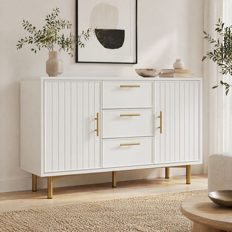FLORAGRACE Commode 120 x 75 x 40 cm moderne en métal blanc à 2 portes et 3 tiroirs (1/5)