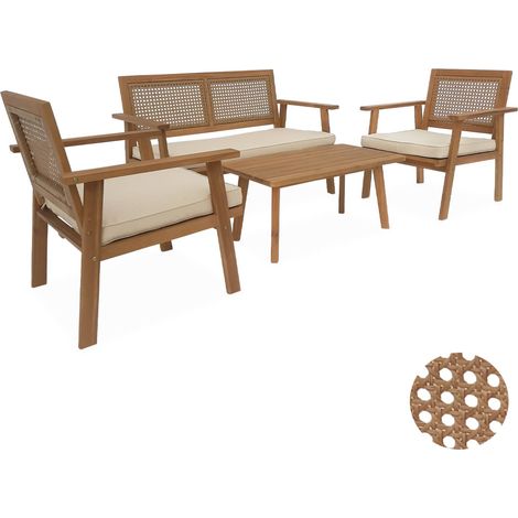 Salon de jardin en bois et cannage canapé 2 places. 2 fauteuils. 1 table basse - Bohémia 117x64x74 cm Cannage rond / Bois couleur teck
