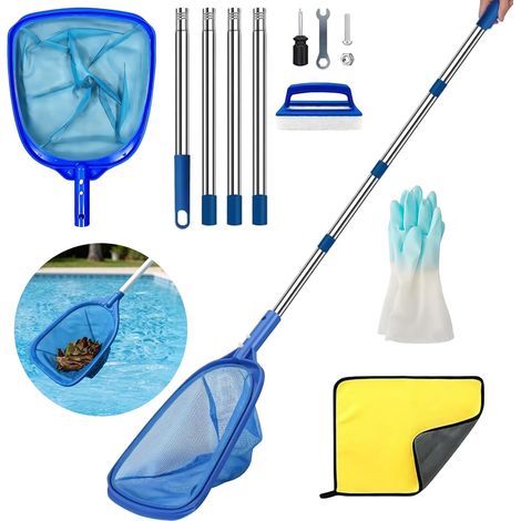 Swimming Pool Landing Net 185 cm Telescopic Rod, Cleaning Kit with Brush Towel, Pool Accessories, for Ponds, Bubble Tray Aquarium Kit de Piscine Nettoyage avec Brosse Serviette, Accessoires pour Pisc (1/5)