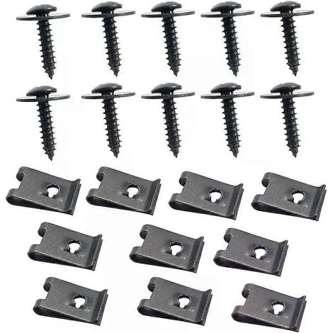 10/5 Sets Universal Schwarze Kfz-Selbstbohrschrauben mit Kreuzschlitz und Unterlegscheiben, U-förmigen Clips zur Befestigung an Stoßstange, Kotflügel und Kotflügelbasis (1/4)