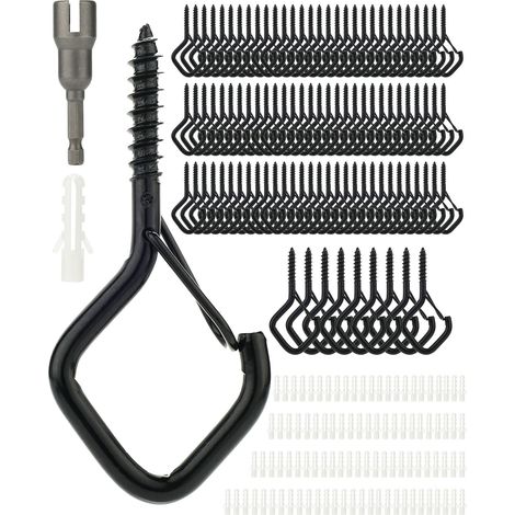 Paquete de 100 ganchos colgantes de seguridad con bucle, ganchos de tornillo resistentes al viento, para guirnaldas de exterior, plantas colgantes, decoraciones navideñas, patio, color negro. (1/5)