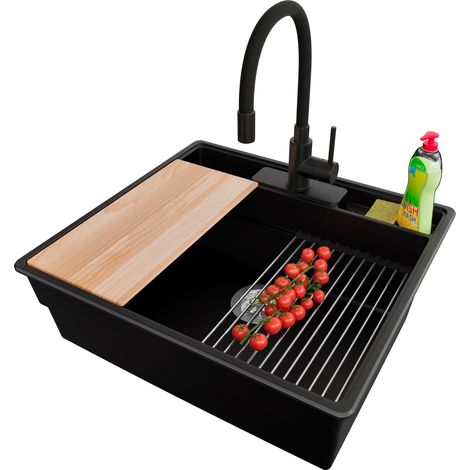 PRIMAGRAN Evier Cuisine en Granit 58x53cm,Lavabo 1 bac + Robinet 40x38cm + Kit de Vidage + Accessoires, Évier à Encastrer au meuble 60cm - New York, Noir (1/5)