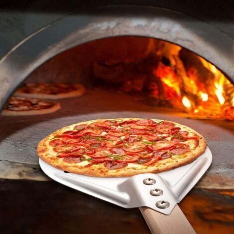 Pelle à Pizza Ronde 7 Pouces, Pelle à Pizza Perforée avec Longue poignée en Bois Amovible, Fabriqué en Aluminium et Poignée Antidérapante
