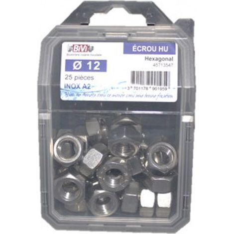 Écrou hexagonal HU DIN 934 Inox A2 Coque de 25 pièces - Diamètre 10 mm - BIVI