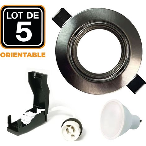 Europalamp – Lot de 5 spots encastrables orientables en alu brossé – GU10 LED 7W équivalent 56W – Blanc neutre 4500K – Angle 110°