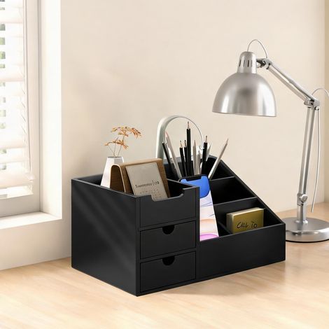 Organiseur de bureau en bambou noir avec 7 compartiments et 2 (1/5)