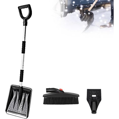 Tragbare Schneeschaufel, 3-in-1-Schneeschaufel mit Eiskratzer und Schneebürste, abnehmbares Schneeräumwerkzeug aus Edelstahl + Kunststoff für Auto, Garten, Schwarz (1/5)
