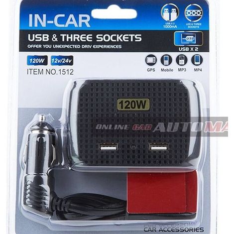 Adaptateur 3 Triple Allume-cigare + 2 Usb 120w Voiture Camping-car Bateau Multi-chargeur (1/5)