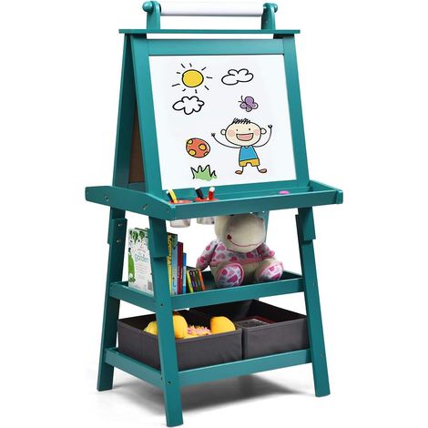 COSTWAY Pizarra de Doble Cara para Niño Caballete de Infantil Tablero de Pie con 2 Cajas de Almacenamiento,Rollo de Papel y Estantes (Azul) (1/5)