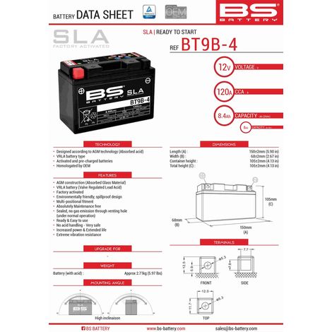 BATTERIA BS BT9B-4 (FA) (YT9B-4) 12V 8AH 150X69X105 SENZA MANUTENZIONE - A ACQUA LIBERA (115A) (6)
