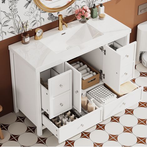 Meuble vasque sur pied moderne 120x50x86,5 cm, MDF laqué blanc, 4 tiroirs, 2 portes soft-close, vasque intégrée en résine (1/5)