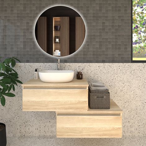 Meuble de salle de bain 2 tiroirs avec vasque à poser arrondie - bambou (chêne clair) - PENA et miroir Led SOLEN - 120cm (1/5)