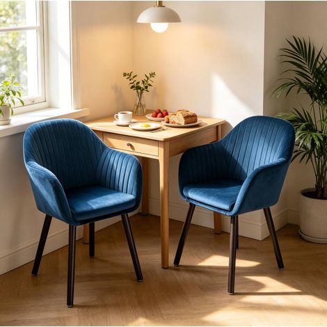 2er-Set Esszimmerstühle 81 cm aus Samt in Schwarz/Blau mit Armlehnen und ergonomischer Rückenlehne (1/5)