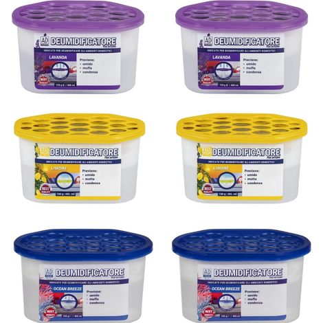 6 Vaschette deumidificatore raccogli umidità con cristalli idrofili da 400 ml - Mis.14x7x8cm - Fragranze: Limone, Lavanda e Ocean (1/5)