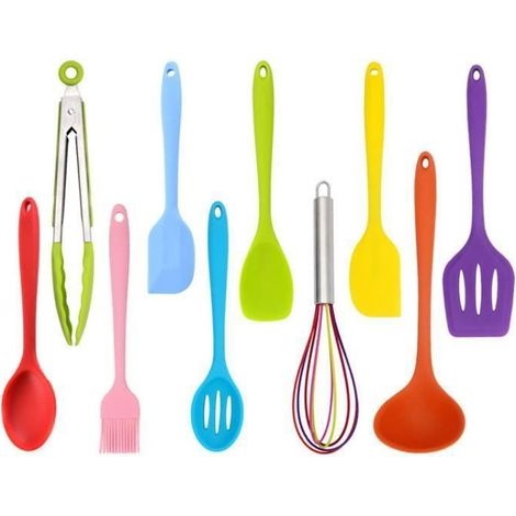Set di 10 utensili da cucina: cucchiaio, spazzola, frusta, spatola, mestolo, paletta, pinze per cucchiai, pinze per pasta (per uso interno) (1/5)