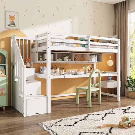 Letto soppalco bambini 90x200 cm legno/MDF bianco con scrivania - MEUBLIV (1/5)