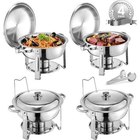 Chauffe-Plat Buffet 5 Qt, Lot de 4, Inox avec 4 Plats Ronds, Support Pliant, Couvercle et Bac à Eau, pour Mariages Réceptions Banquets, Argent (1/5)