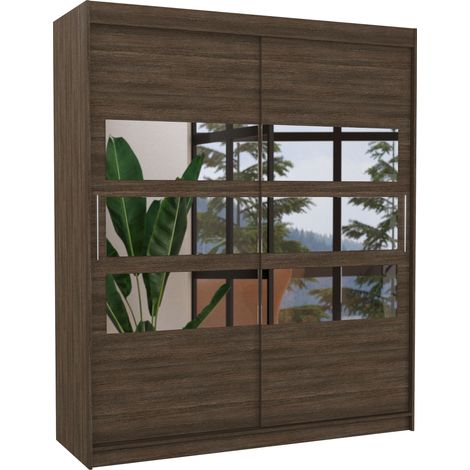 Armoire de chambre à coucher 2 portes coulissantes marron et 6 miroirs horizontaux Dolena 180cm (1/5)