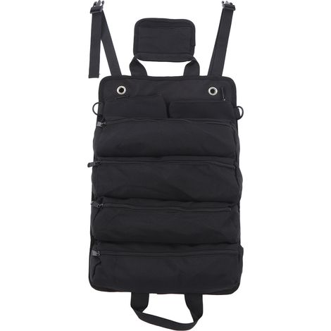 Sac à outils enroulable Oxford noir, compartiments séparés, rangement portable pour jardinage et camping, organiseur d'outils multifonction. (1/5)