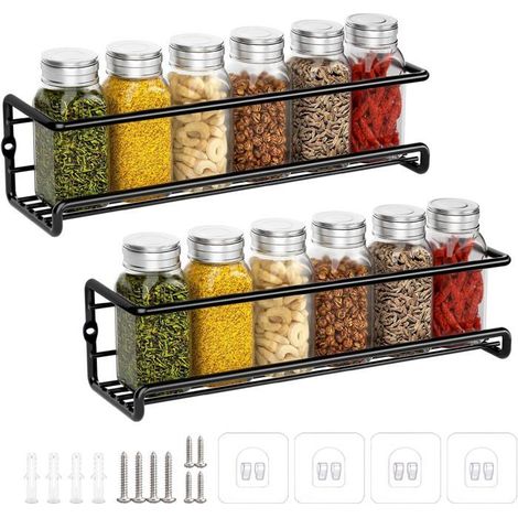 Rangement Epices Cuisine, Étagère Épices en Métal Sans Percage, Range Épices Murale Cuisine, Porte Épices, 29x6x6cm (Noir, 2 (1/5)