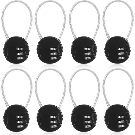 Lot de 8 cadenas à combinaison, petits cadenas à câble à combinaison 3 chiffres pour bagages, rangement étanche pour valises en extérieur (noir) (1/5)