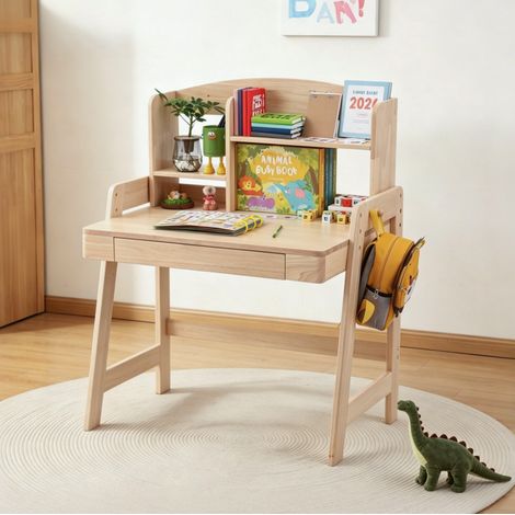 REDOM - Scrivania per bambini 60x88.2x118 cm, altezza regolabile, con cassetto, vano portaoggetti e gancio, legno naturale (1/5)