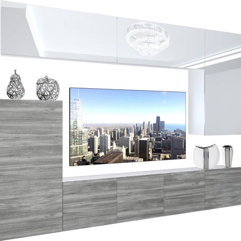 BELINI Wohnwand Wohnzimmer-Set Vollausstattung Moderne Schrankwand mit LED-Beleuchtung Anbauwand TV-Schrank Weiß ganzes Oberteil/Glamourholz