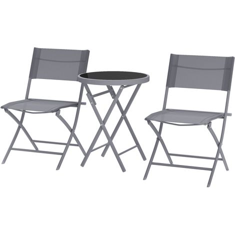 Ensemble de bistrot 3 pièces pliable en métal, 2 chaises et 1 table ronde, salon de jardin extérieur 2 personnes, gris