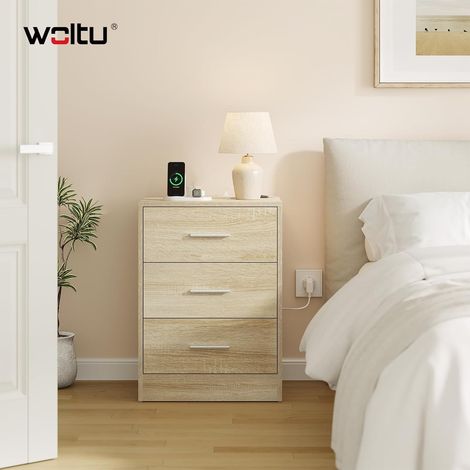 WOLTU 1x Comodino da Camera da Letto con Stazione di Ricarica Cameretta Moderno Cassettiera con 3 Cassetti Mobiletto da Salotto Rovere Chiaro (1/3)