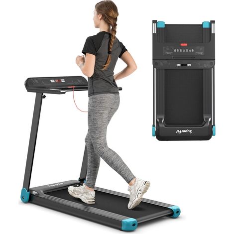 Klappbares Laufband App-kontrolliert Bluetooth3 Modi 12 voreingestellte Programme LED Display 0-12km/h bis 90kg belastbar inkl. Sicherheitsschlüssel COSTWAY Elektrisches Laufband Blau (1/5)