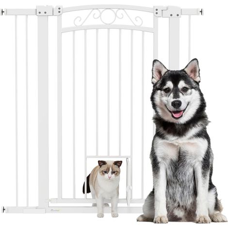 Barrière de Sécurité pour Chien avec Chatière Fermeture Automatique Extensible 76-104 cm Escalier Couloir H 106 cm Blanc (1/5)