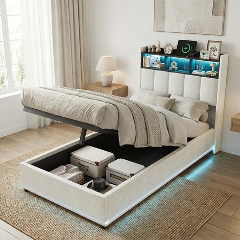 Lit coffre 90x200 cm, lit simple, tête de lit avec rangement compartiments, charge USB/C, sommier à lattes, velours, convient aux enfants, adultes et adolescents - Blanc (1/5)