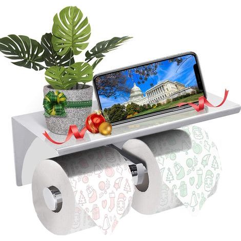 Porte Papier Toilette Double,Mural avec Deux Rouleaux,Etagère de Rangement en 304 Acier Inoxydable,Porte Rouleau de WC avec Support de Téléphone,pour Salle de Bain (Argent) (1/4)