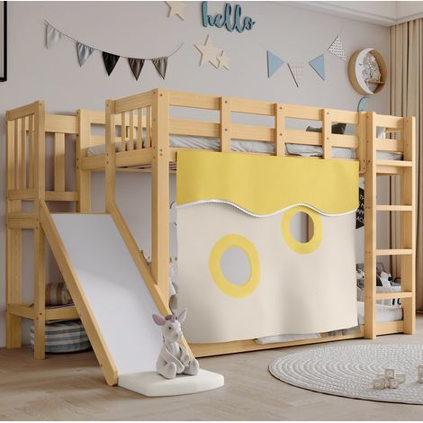 MEUBLIV Lit superposé 90x200 cm naturel – avec toboggan et rideaux, sans matelas (1/5)