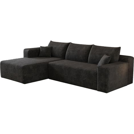 Sofá rinconera en L 241 cm negro de tejido de pana, sin montaje (1/5)