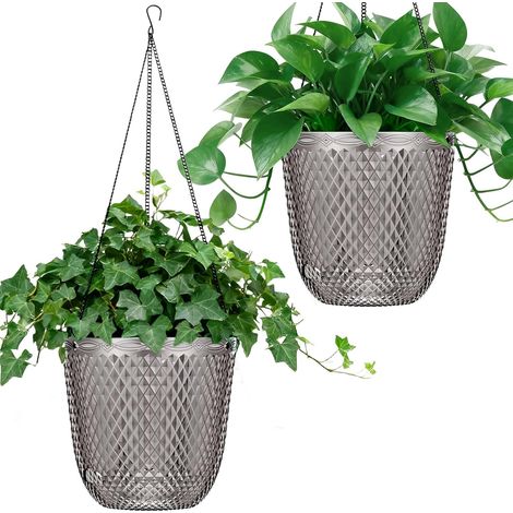 Lot de 2 Pots suspendus auto-arrosants 14cm, plastique gris, 3 chaînes, drainage, intérieur extérieur