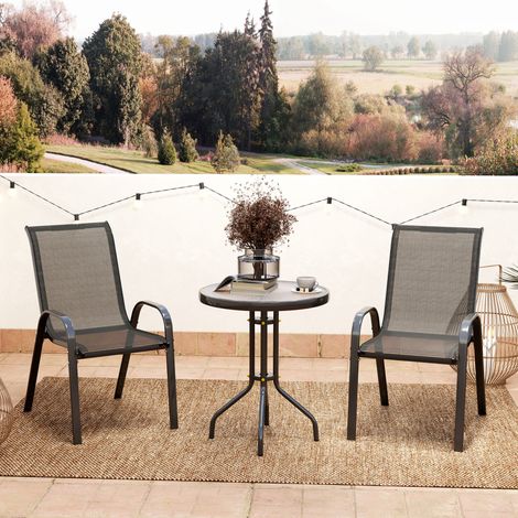 3-teiliges Garten-Set mit rundem Glastisch und stapelbaren Gartenstühlen, Schwarz