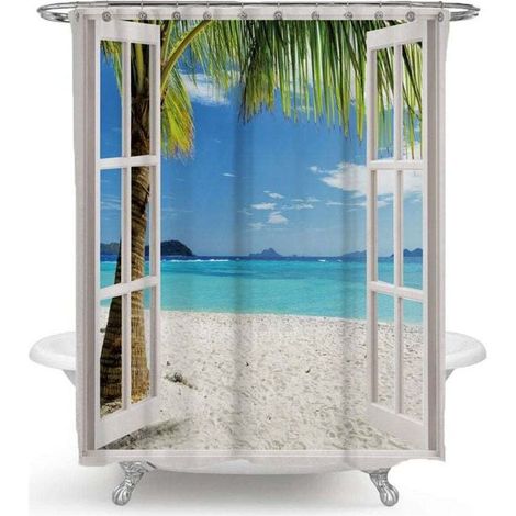 Rideau de douche 200 x 230 cm, rideau de douche de plage, rideau de douche imperméable en polyester imprimé (1/4)
