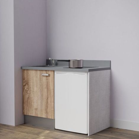 Kitchenette K08L - 120 cm avec plan monobloc et emplacement frigo top-Bois-Cromo-évier à gauche