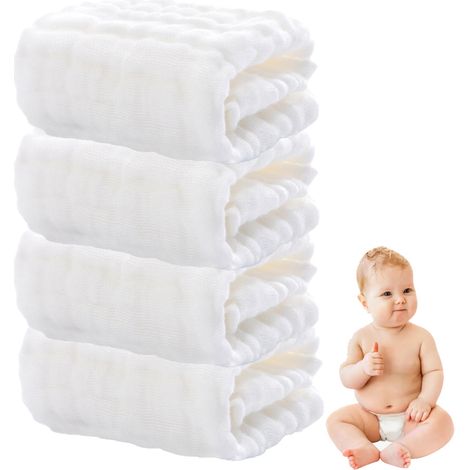 Washcloth Bébé - Mousseline Coton Naturel 30x30 cm - Doux Respirant Absorbant - Pour Nouveau-Né Enfant et Adulte - Lot de 4