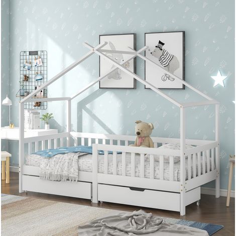 Kinderhausbett 90 x 200 cm Weiß mit 2 Schubladen, ohne Matratze – MEUBLIV (1/5)