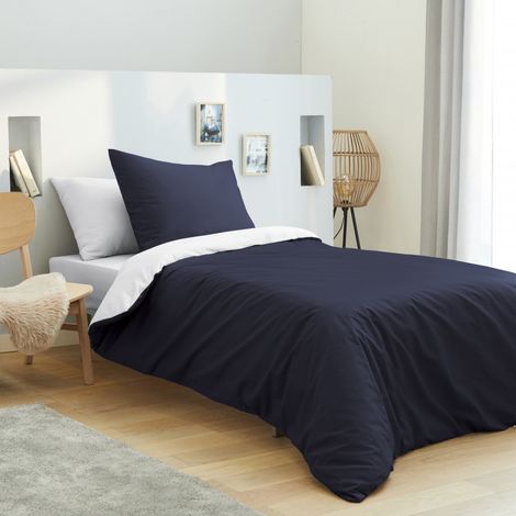 Pack complet 4 pièces Marine/Blanc réversible housse de couette pour lit 90 x 190 cm - Blanc - (1/2)