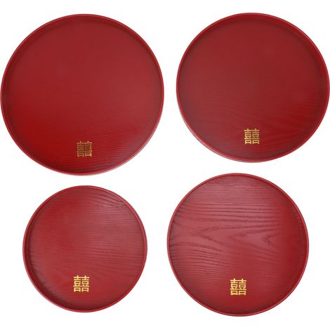 Plateau de service de Style chinois, 4 pièces, rouge, thé de mariage, café, assiette de collation, fruits en bois, plateau rond de bonbons