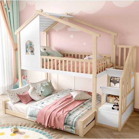 Letto a Castello 90x200 cm + 140x200 cm con Struttura in Pino Naturale e Bianco (1/5)