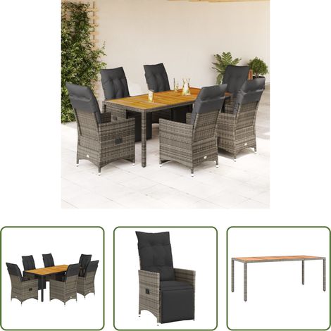 vidaXL Relaxsessel - 7-tlg. Garten-Bistro-Set mit Kissen Grau Poly Rattan (1/5)