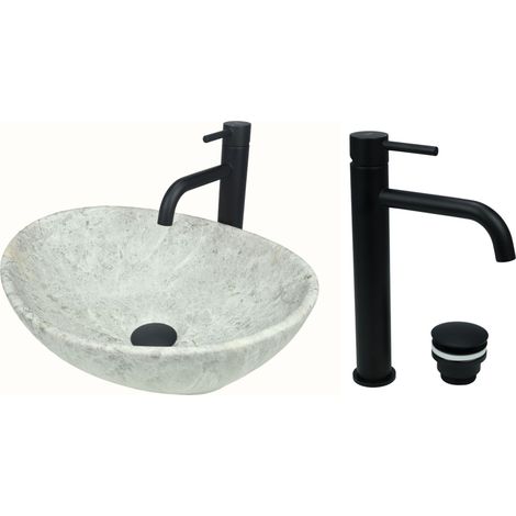GTM Design Aufsatzwaschbecken 41 cm Matt Set mit Waschtischbatterie und Stopfen - Aufsatzwaschbecken Oval für Badezimmer - Modernes Waschbecken ohne Hahnloch - Waschbecken mit Armature (1/5)
