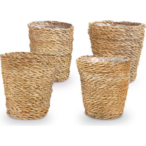 Bloomique - Pot à Plantes Tressé Coco - Lot de 4 Pots - Beige - Jonc de Mer - Panier pour Plantes - Intérieur et Extérieur - H13x Ø12 (1/5)