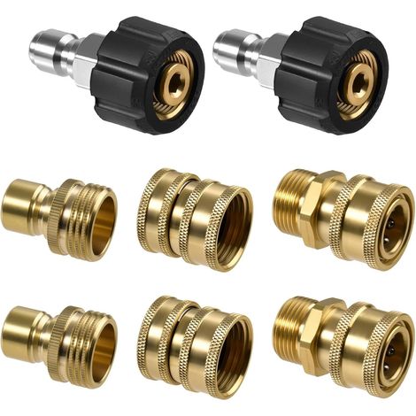 Kit d'adaptateurs pour nettoyeur haute pression 8 pièces, kit de raccord rapide mâle-femelle M22-14 mm à 3/8" pour le nettoyage de terrasses, kit d'adaptateurs pour tuyaux à raccord rapide (1/4)
